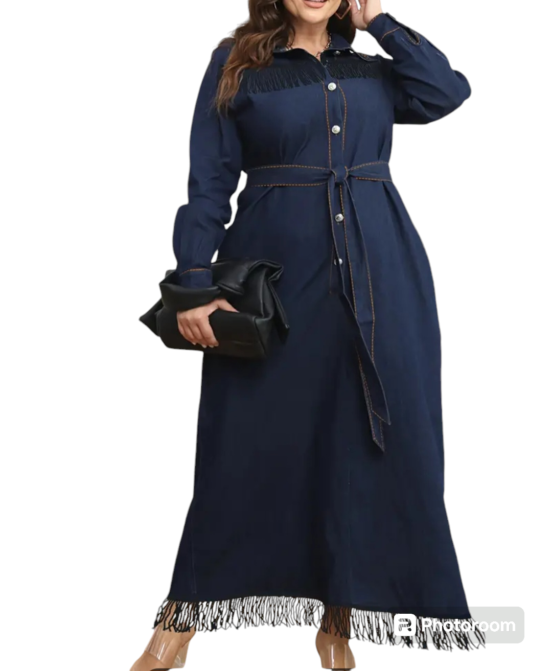 Women Long Dress, Long Sleeve Dress Button Closure Tasseled Loose Casual Dress with Belt