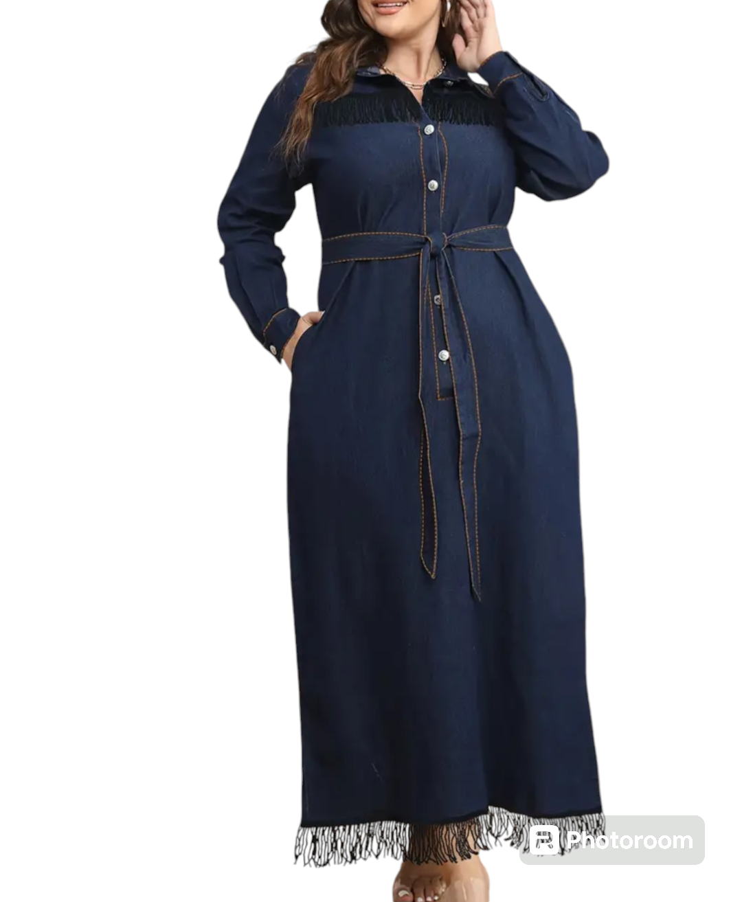 Women Long Dress, Long Sleeve Dress Button Closure Tasseled Loose Casual Dress with Belt