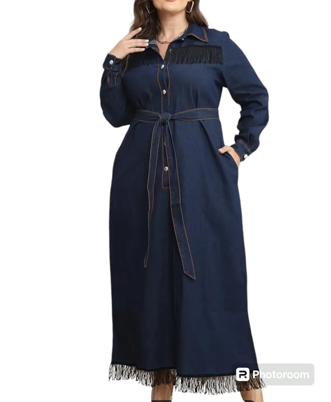 Women Long Dress, Long Sleeve Dress Button Closure Tasseled Loose Casual Dress with Belt