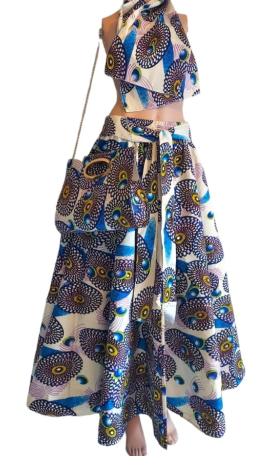 White blue gold African print 3 piece set