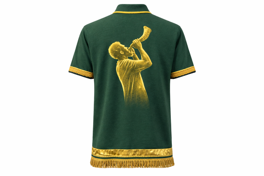 Feast Day Trumpet Green Polo – Judah Shirt with Shofar Design | Fringe & Ribbon of Blue | Israelite Men’s Set Apart Apparel