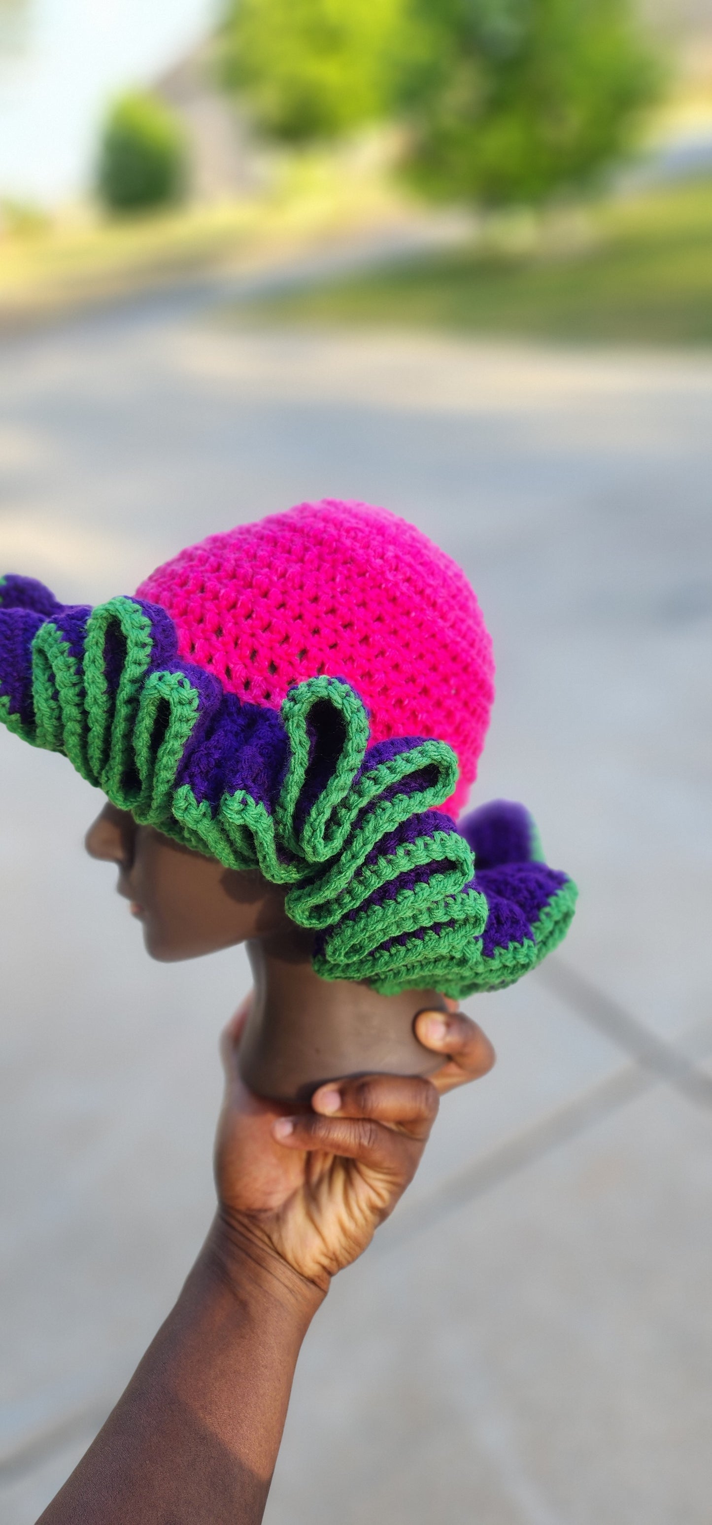 Berry Bazil Blossom Crochet Ruffle Bucket Hat
