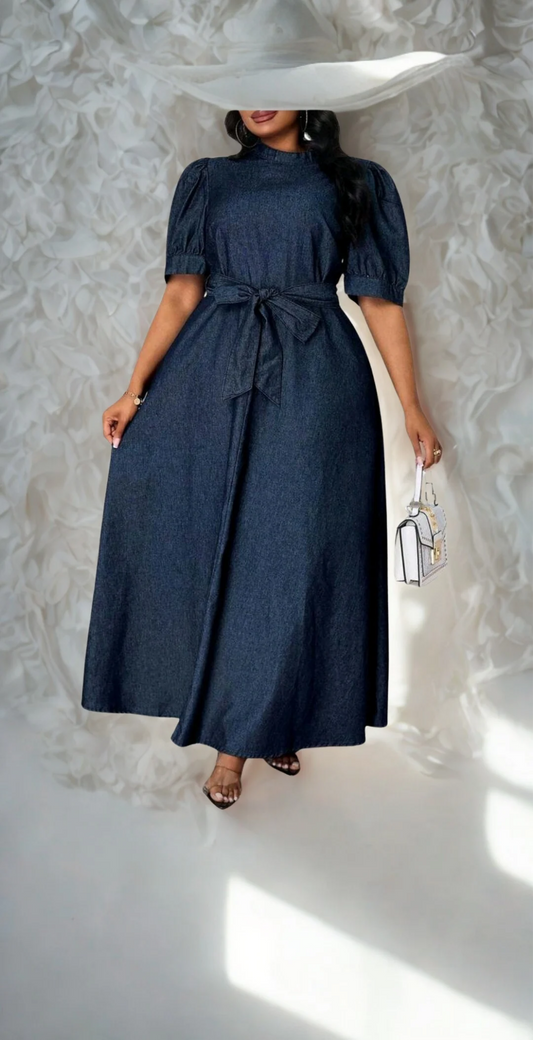 “Navy Puff-Sleeve Modest Maxi Dress with Gold Fringe Hem – Proverbs 31 Inspired”