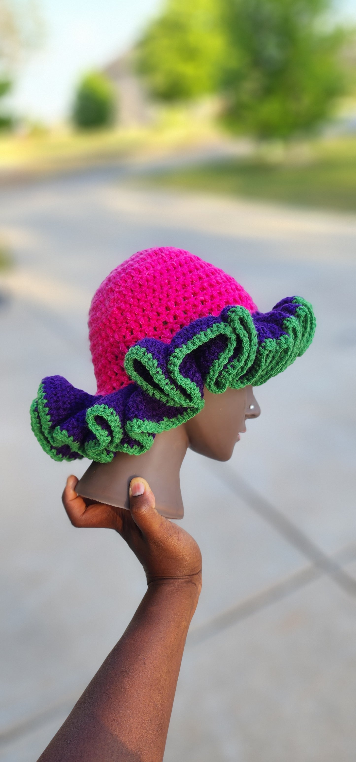 Berry Bazil Blossom Crochet Ruffle Bucket Hat