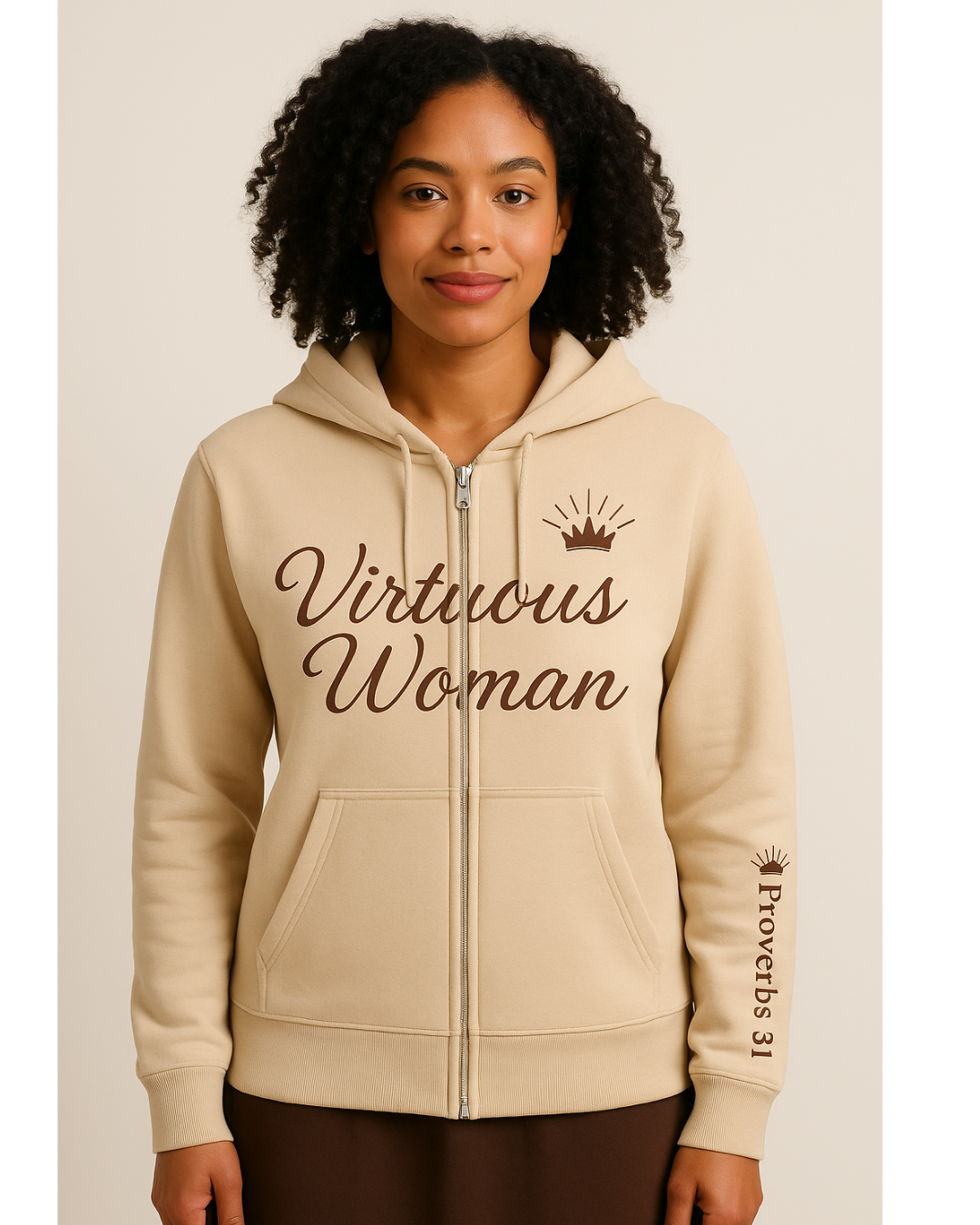Virtuous Woman Hoodie Proverbs 31 - Soft Beige Zip-Up with Crown Design for Comfort and Style
