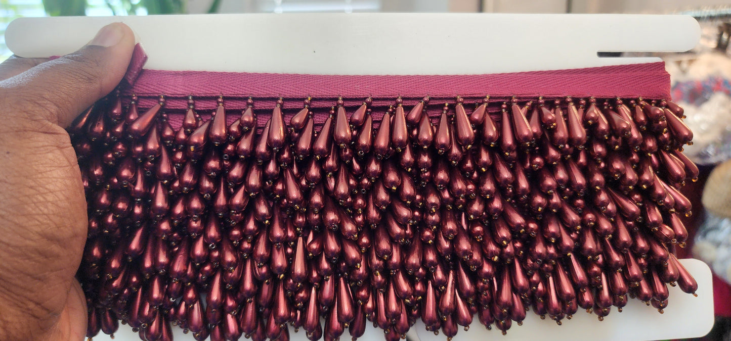 Burgundy Beaded Fringe Trim with Teardrop Beads and Gold Accents (by the yard)