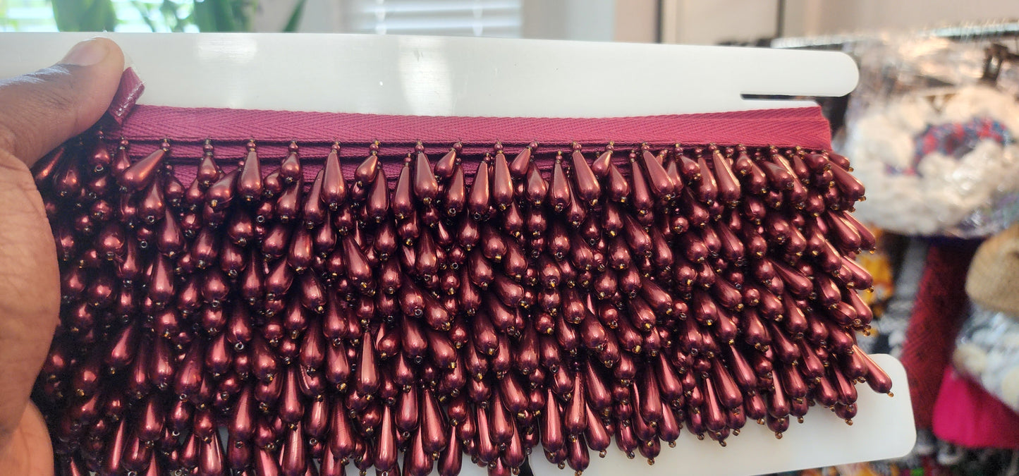 Burgundy Beaded Fringe Trim with Teardrop Beads and Gold Accents (by the yard)