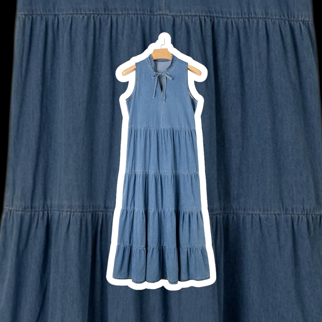 Tie Neck Tiered Maxi Denim Dress