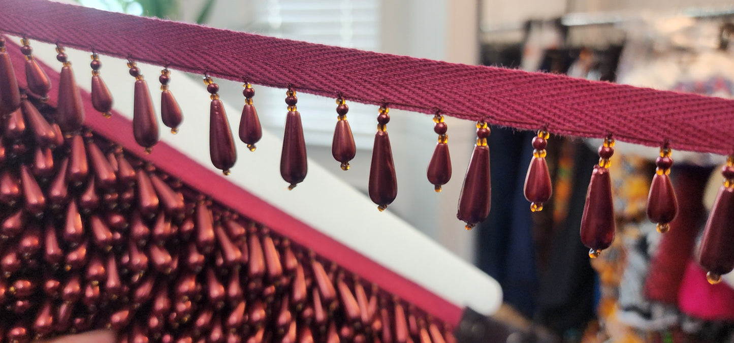 Burgundy Beaded Fringe Trim with Teardrop Beads and Gold Accents (by the yard)