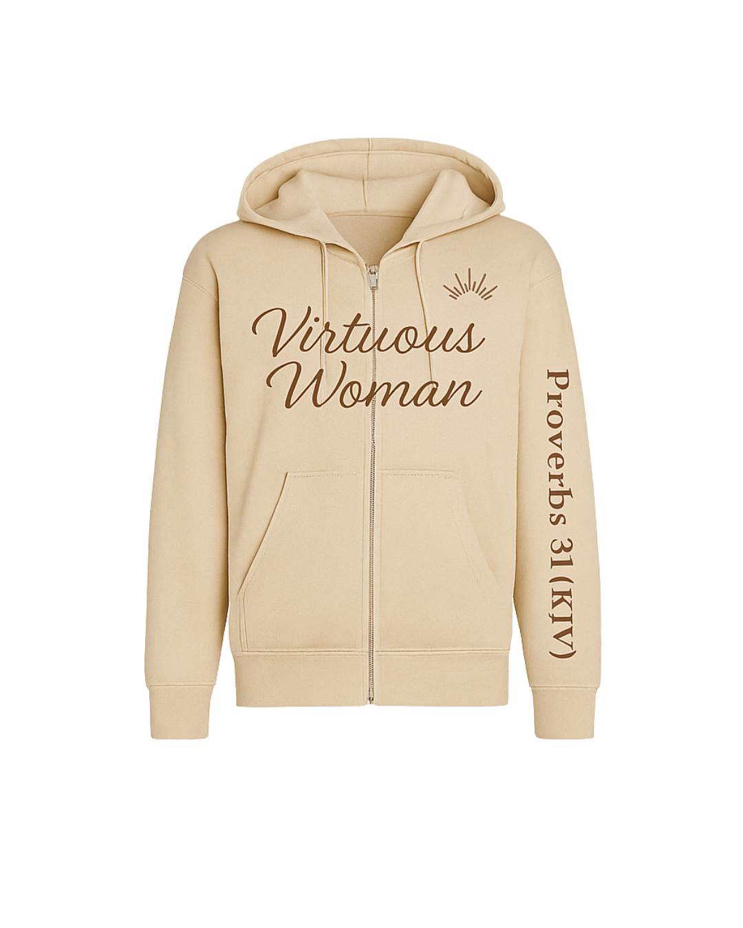 Virtuous Woman Hoodie Proverbs 31 - Soft Beige Zip-Up with Crown Design for Comfort and Style