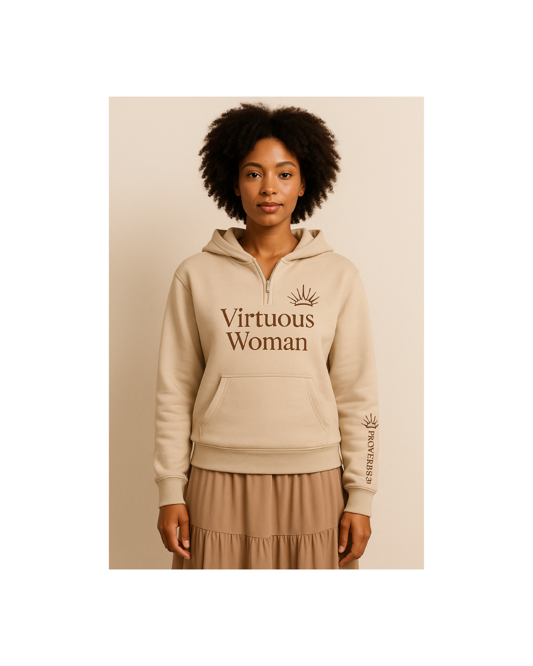 Virtuous Woman Hoodie Proverbs 31 - Soft Beige Zip-Up with Crown Design for Comfort and Style