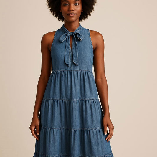 Tie Neck Tiered Maxi Denim Dress
