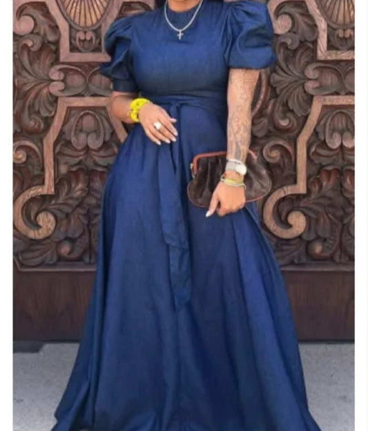 “Navy Puff-Sleeve Modest Maxi Dress with Gold Fringe Hem – Proverbs 31 Inspired”