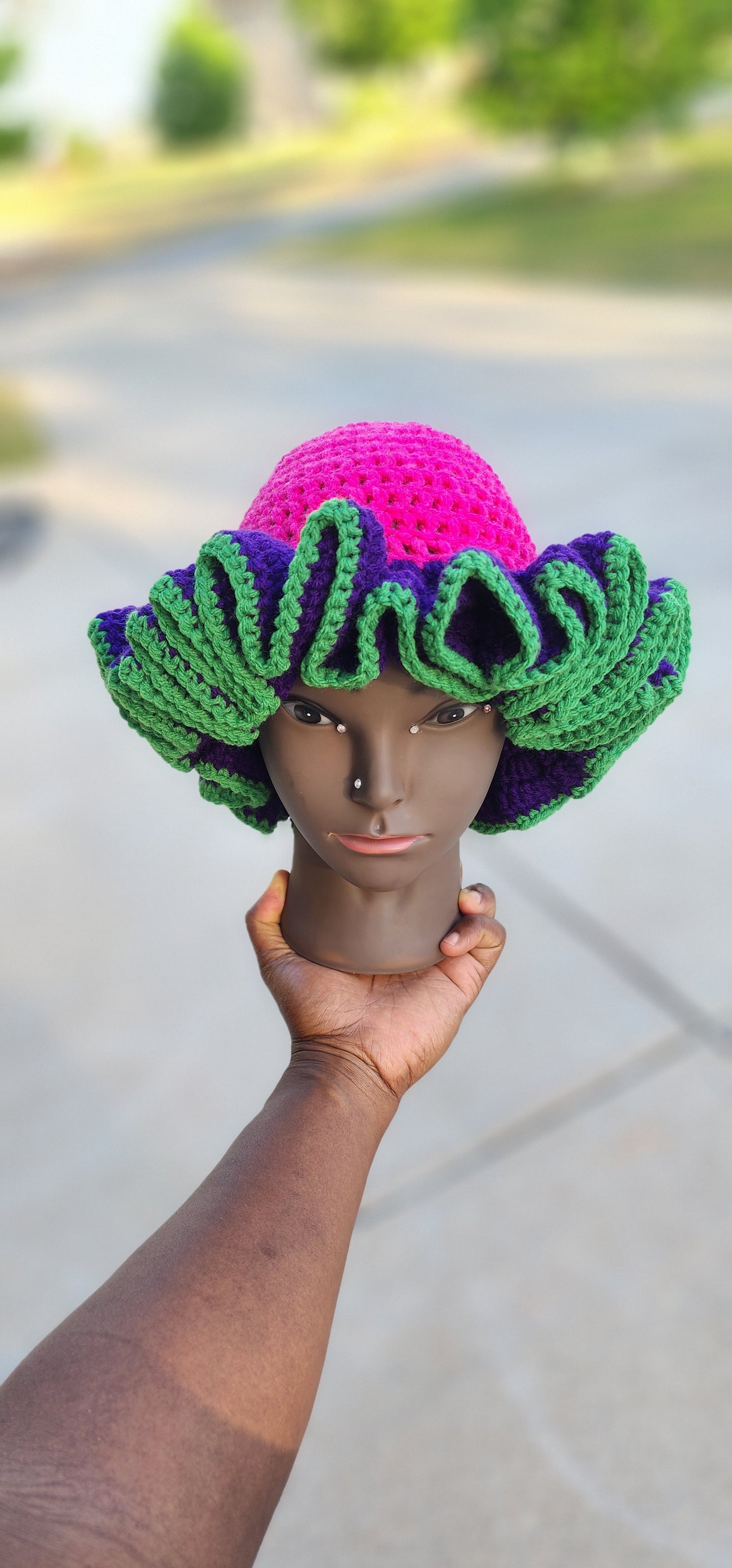 Berry Bazil Blossom Crochet Ruffle Bucket Hat