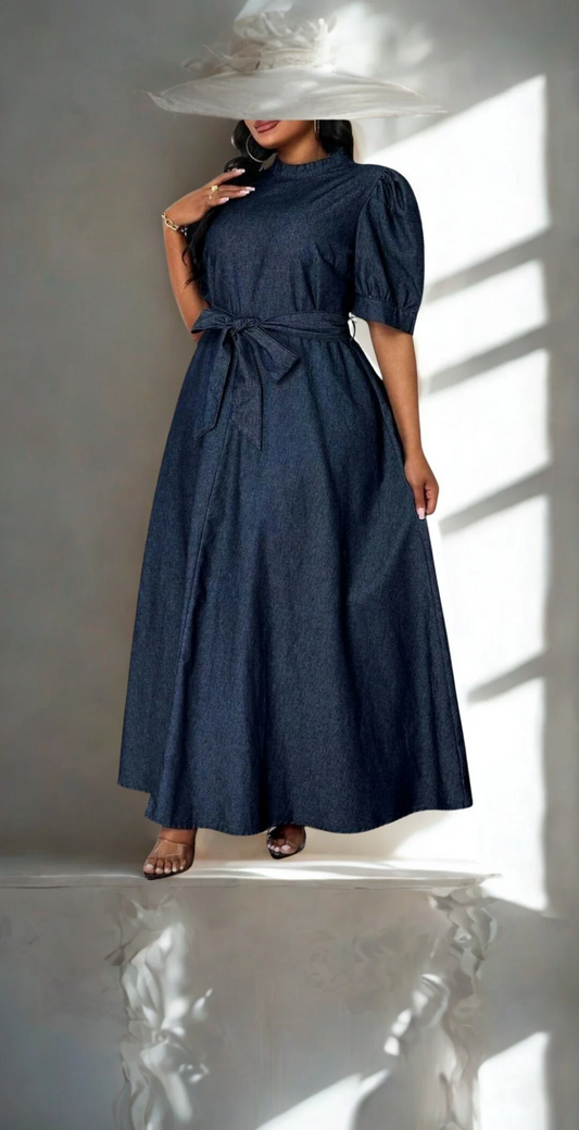 “Navy Puff-Sleeve Modest Maxi Dress with Gold Fringe Hem – Proverbs 31 Inspired”